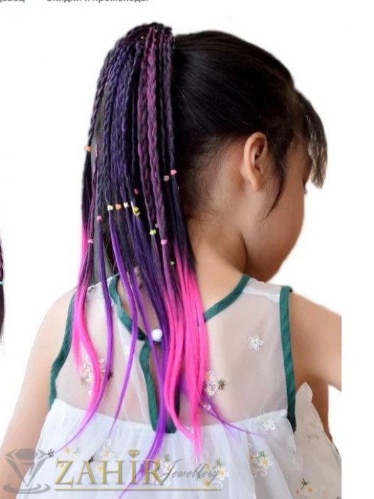 Аксесоари за коса - 4 бр. плитки на ластик от синтетична коса в розово и лилаво на черен ластик, дължина 40 см, носят се на опашка - KP1043